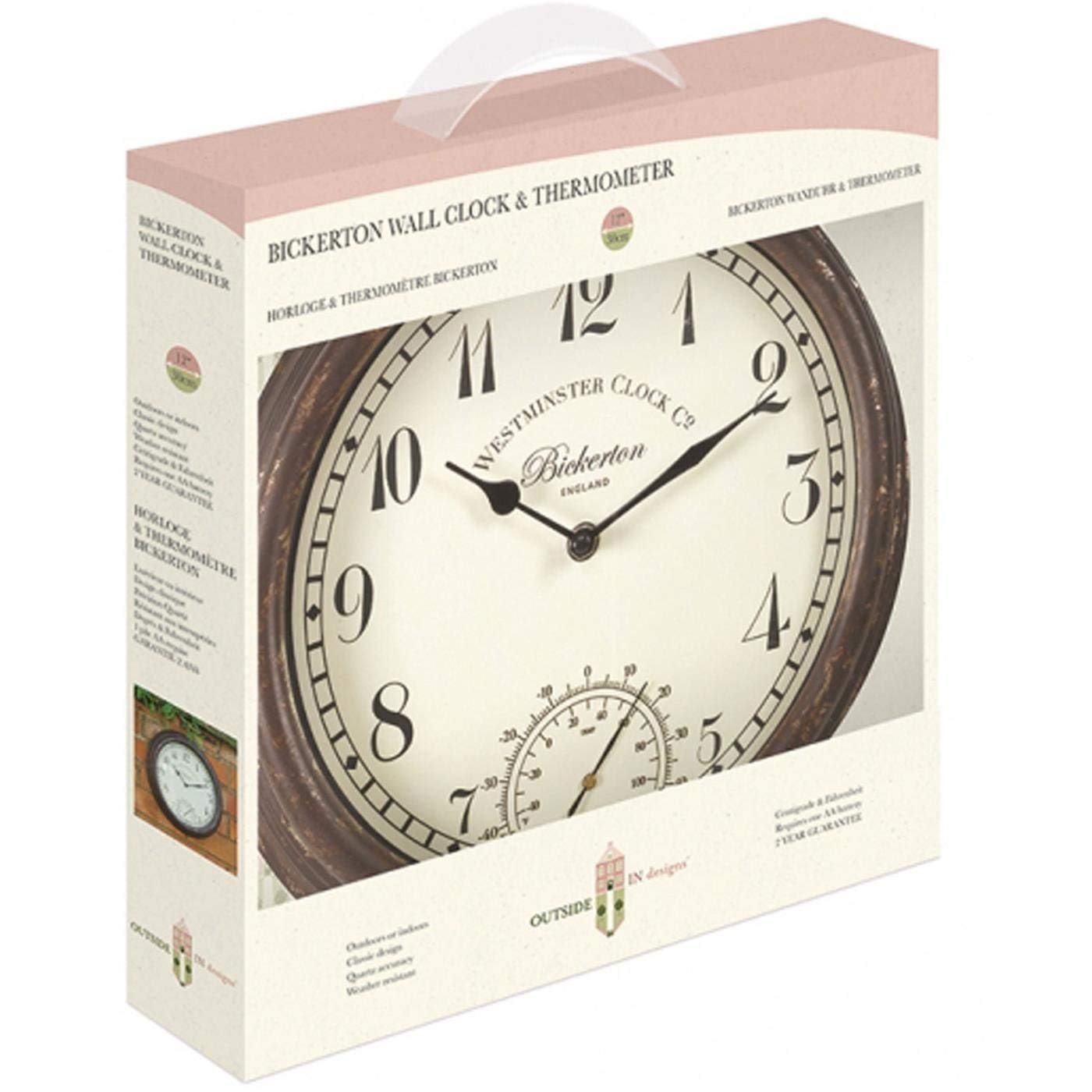 Bickerton Wall Clock and Thermometer, Classic Outdoor/Indoor Design with Large 12 Inch Face. Suitable for Garden, Kitchen, Bathroom and More