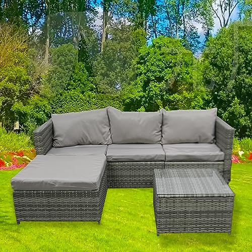 COZYBRITE Garden Corner Sofa Rattan Furniture Set 4 Seater Patio Outdoor Lounge Settee with Glass Coffee Table & Cover All-weather SFS066 (Mix Grey Rattan-Grey Cushion)