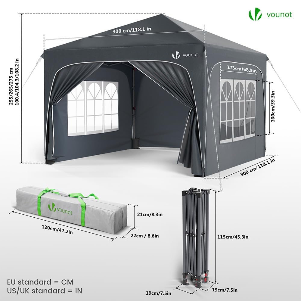 VOUNOT® 3m x 3m Pop Up Waterproof Gazebo with Sides & 4 Weight Bags & Carry Bag, Marquee Garden Party Tent Outdoor, Grey