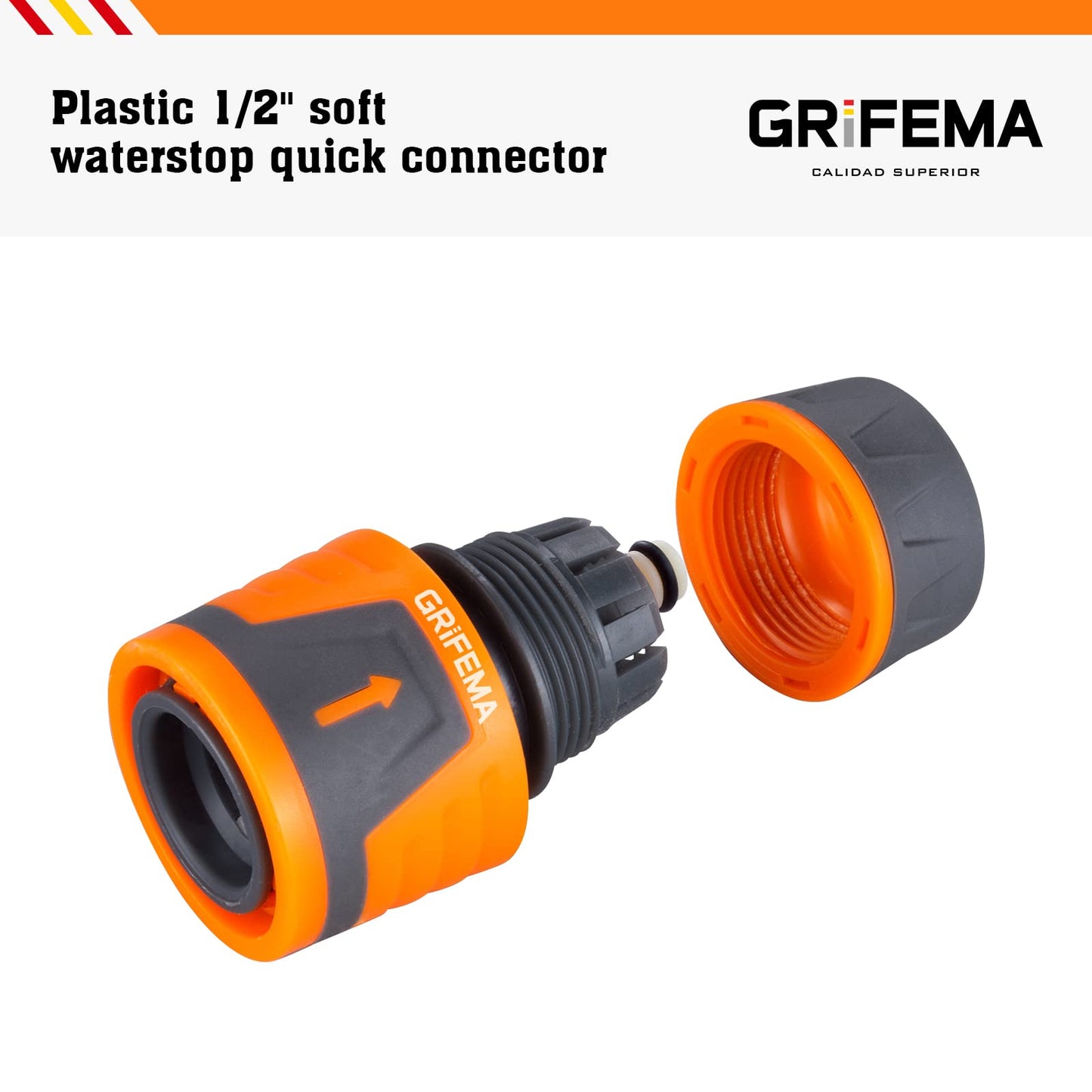 GRIFEMA GE1202 Quick Coupling Hose for 1/2" 12.5 mm - 5/8" 15 mm, Hose Stop Connector, Easy Installation, Sun Protection, Grey - Orange [Amazon Exclusive]