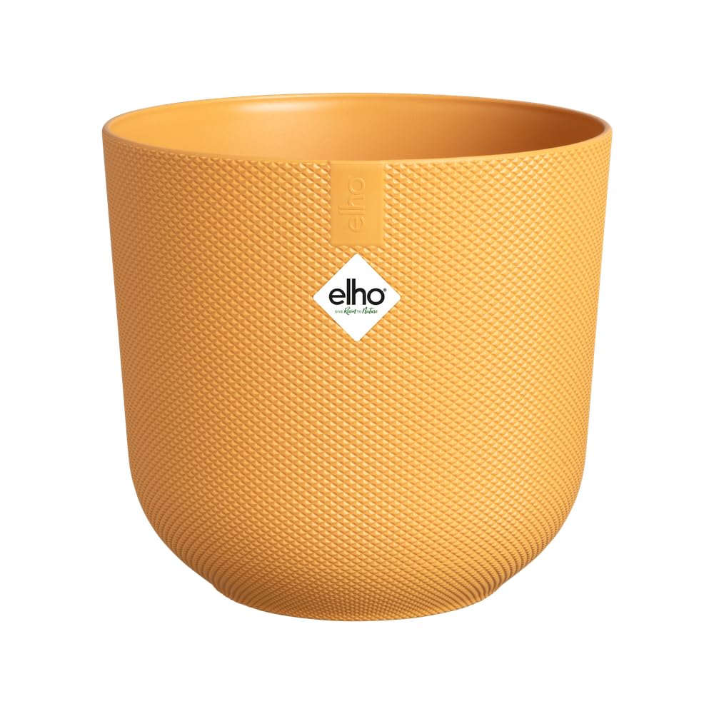 elho Jazz Round 14cm Flower Pot - Small Indoor Plant Pot - 100% Recycled Plastic - Unique Structure - Ø 14.2 x H 13.1 cm - Yellow/Amber Yellow