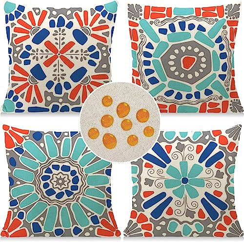 Weldomcor Waterproof Cushion Cover 18x18 inch Set of 4 Outdoor Throw Pillow Covers Mordern Bohemian Decorative Pillow Cases Decorations for Patio Garden Porch Bench Sofa Indoor Living Room Bed Chair