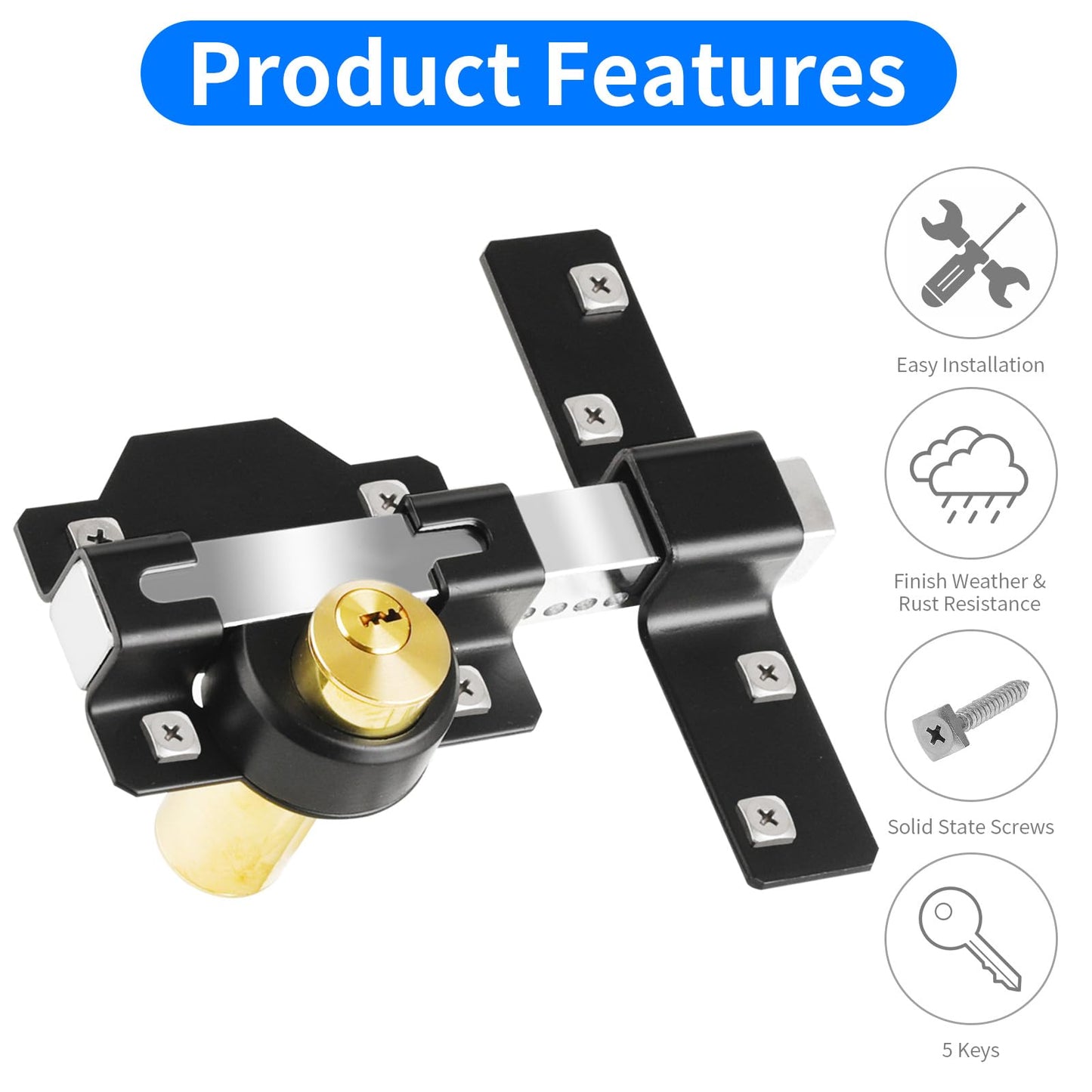Mortrise Lock, Long Throw Gate Lock for Wooden Gate, Double Sides Locking, 50mm, 5 Keys