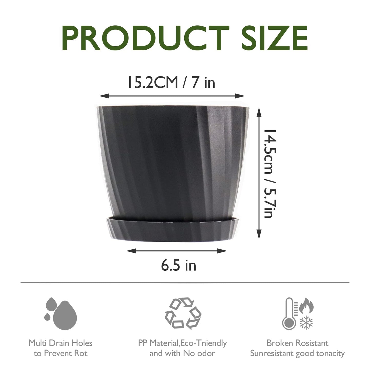 MUAEEOK 18CM 6 Pack Plant Pots Indoor Plastic Planters with Drainage Holes and Saucers for Indoor Outdoor House Plants and Flowers Modern Decorative Planter Pot for All House Plants (Black)