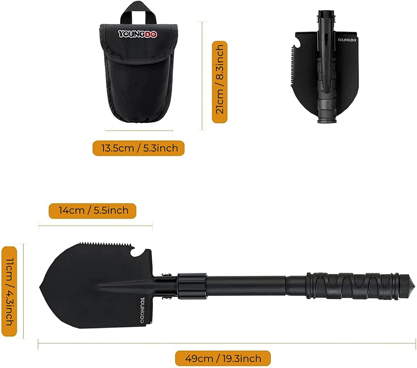Camping Shovel, YOUNGDO Military Folding Survival Equipment, Entrenching Tool Portable for Detecting, Car Emergency, Backpacking, Outdoor, Hiking, Gardening and Trenching