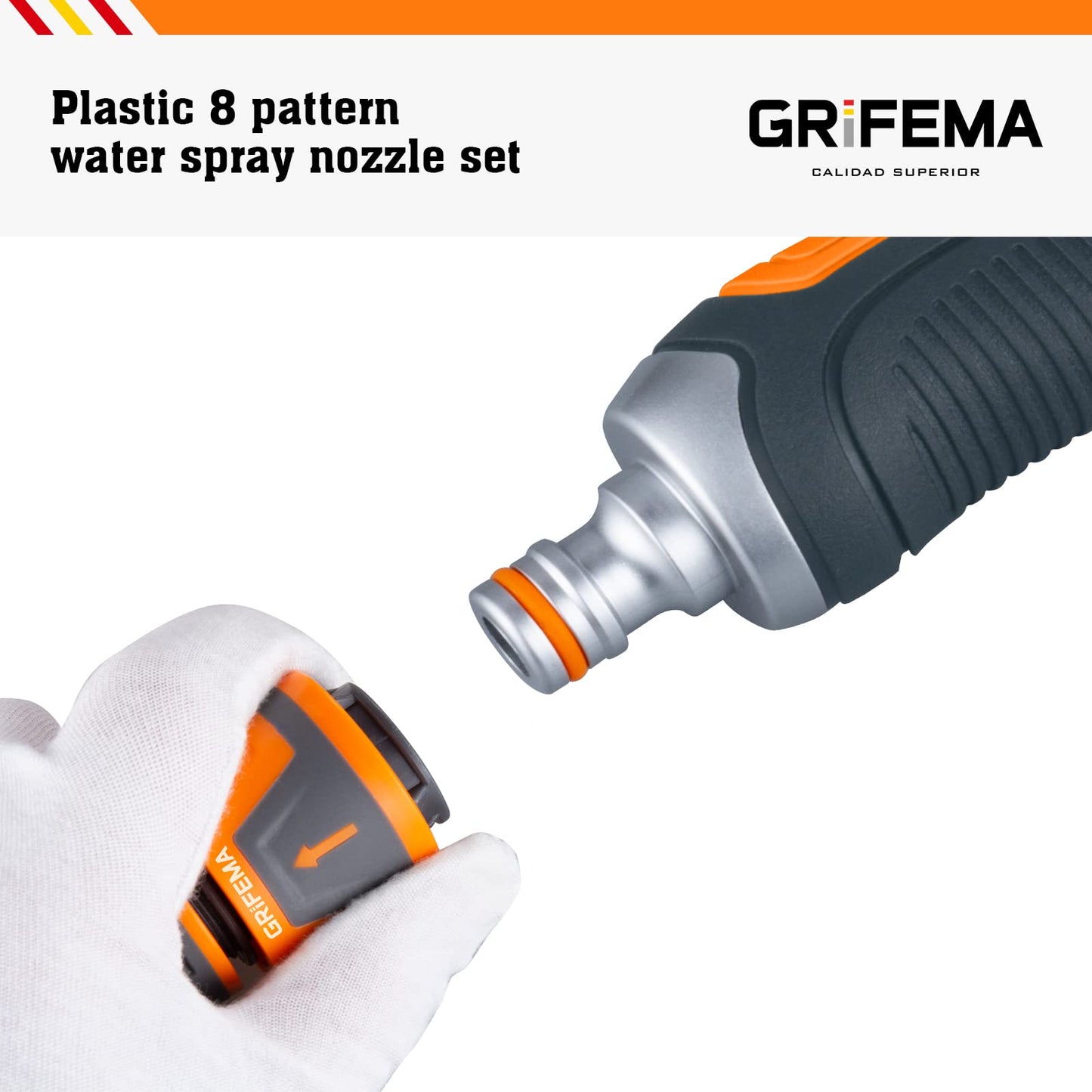 GRIFEMA GE1303-1 Hose Pipe Spray Gun Set, 8 Adjustable Patterns Nozzles, High Pressure Garden Sprayer For Lawn & Garden Watering Equipment Include Hose Connectors, Orange/Black