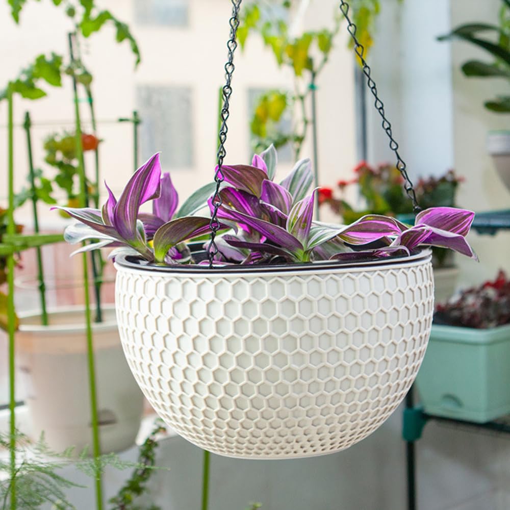 8.3inch Large Hanging Planters Plant Pots - Self-watering Hanging Baskets Set of 3 Flower Pot with Drainage Hole Chain for Home Garden Deco (Beige)