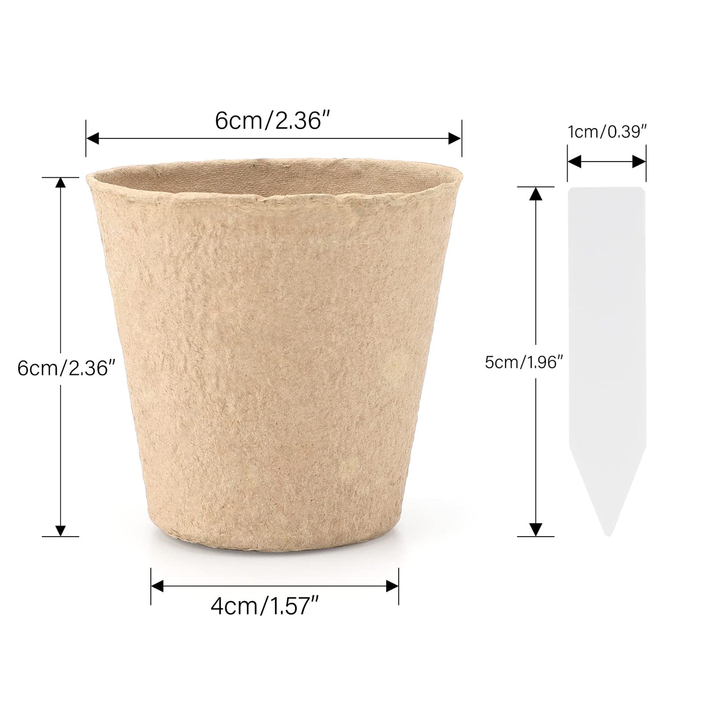 KINGLAKE 50 Pcs 6cm Small Fibre Seed Pots Biodegradable Plant Pots Round Seedling Pots with 100 Plant Labels for Growing Vegetables, Fruit, Herb, Flower