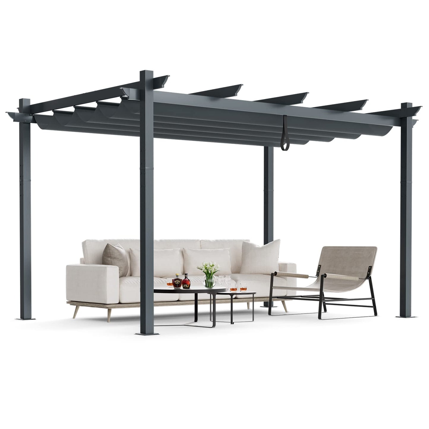 TANGZON 3M x 4M Metal Pergola with Retractable Canopy, Outdoor Large Garden Shade Gazebo, Weatherproof Aluminium Sun Shelter for Lawn Porch Party BBQ (Grey)
