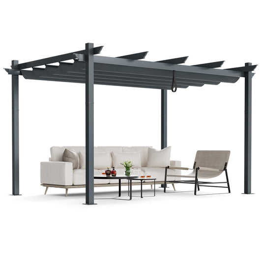 TANGZON 3M x 4M Metal Pergola with Retractable Canopy, Outdoor Large Garden Shade Gazebo, Weatherproof Aluminium Sun Shelter for Lawn Porch Party BBQ (Grey)