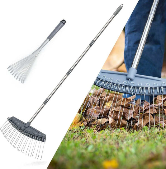 Hortem Garden Leaf Rake Set include 64-160cm Yard Thatch Rake Adjustable and 43cm Hand Rake, Lawn Rakes Used for Leaves, Thatch, Gravel