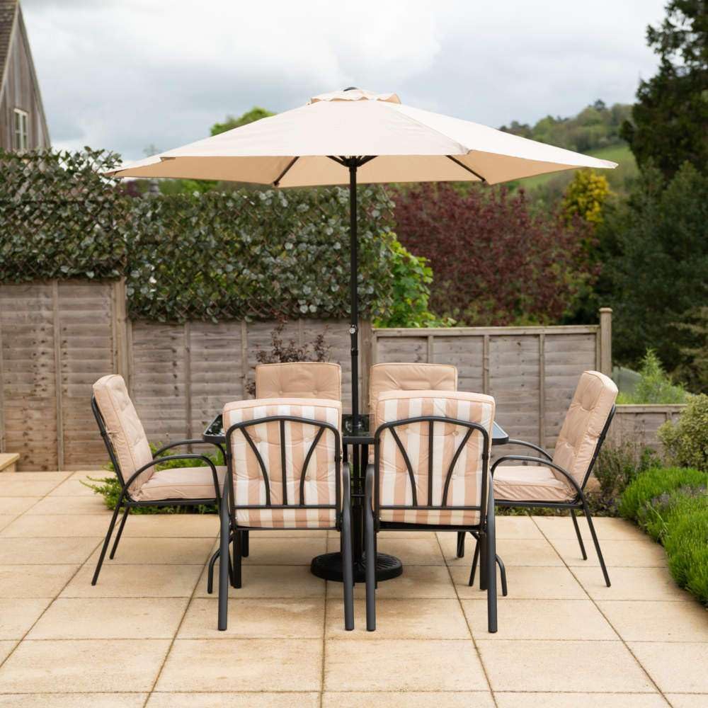Hectare 6 Seater Garden Furniture Outdoor Table and Chair Set with Parasol Hadleigh Patio Table/Chair/Parasol Dining Furniture (Beige)