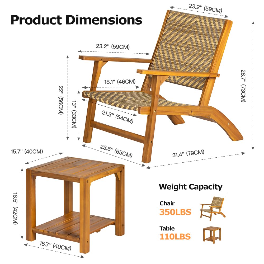 Panana 3 Pieces Garden Furniture Set Solid Acacia Wood Side Table and PE Rattan Wicker Wooden Chairs Bistro Set for Outdoor, Patio, Porch, Poolside, Balcony