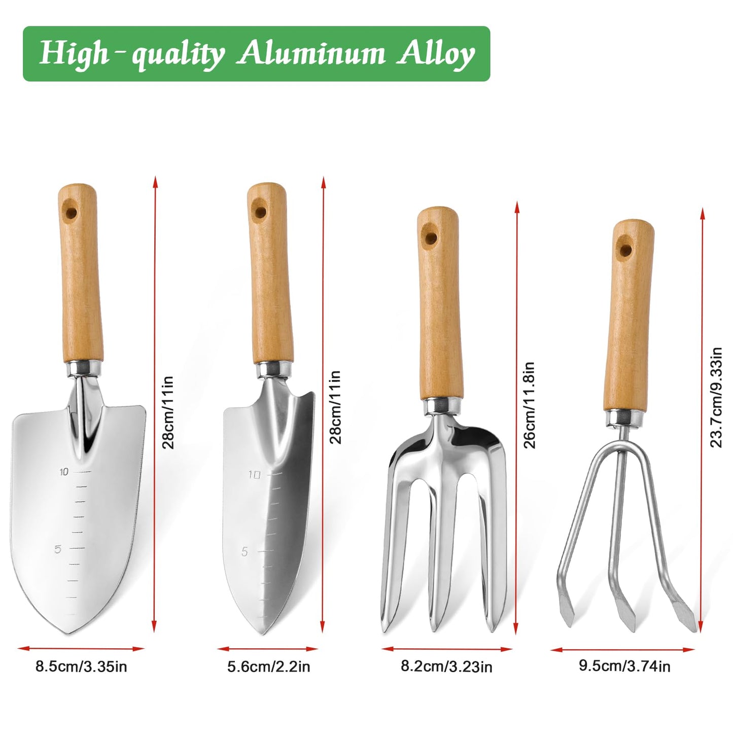 Garden Tool Set with Wood Handle, Aluminum Graduated Shovel, Garden Rake, Hand Fork, Transplant Shovel with Scale, 4Pcs Heavy Duty Hand Tools Set for Garden Planting