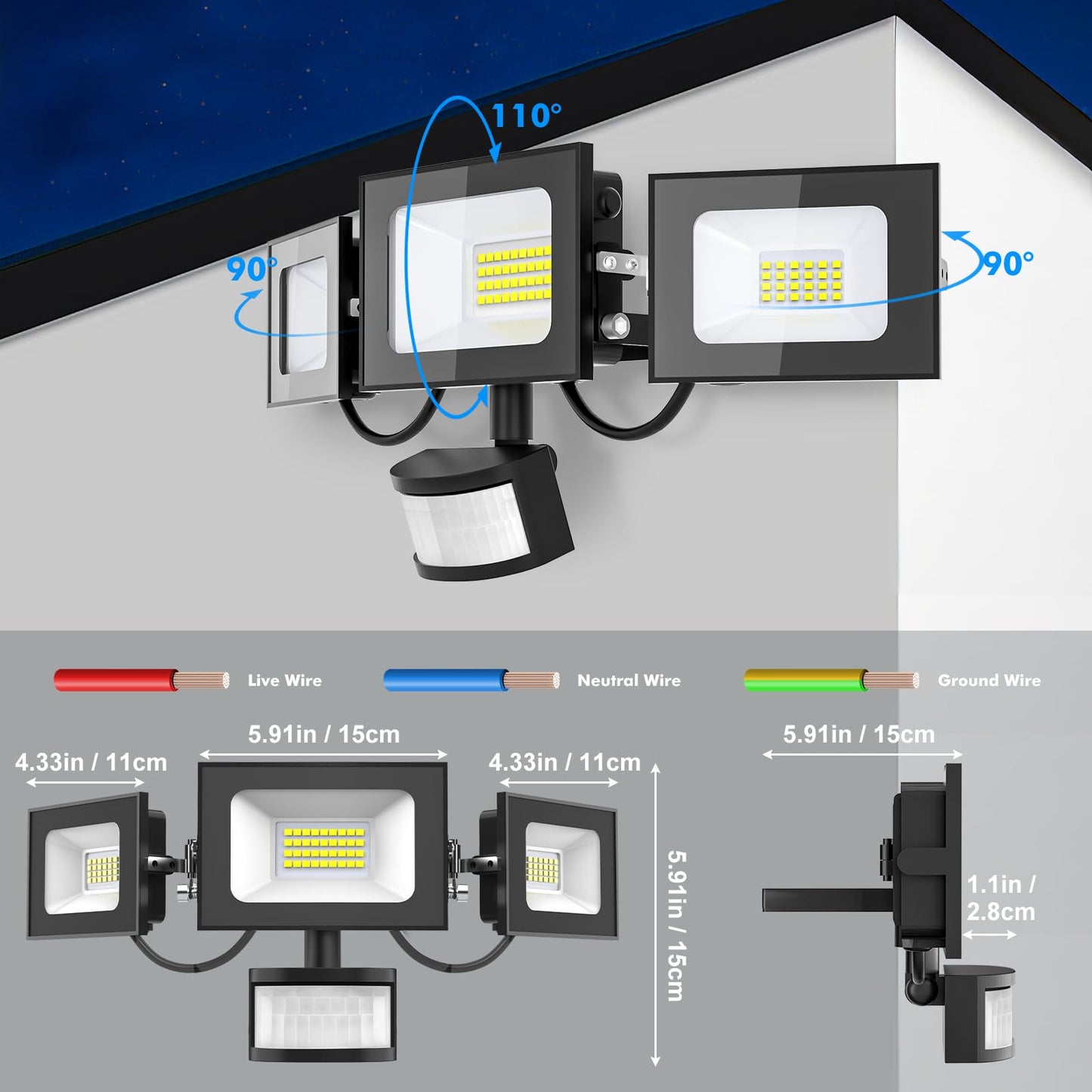 Bellanny Security Lights Outdoor Motion Sensor - 100W 10000LM Super Bright Led Flood Lights, IP65 Waterproof PIR Floodlights Outdoor Lights for Courtyard Porch Garden Garage