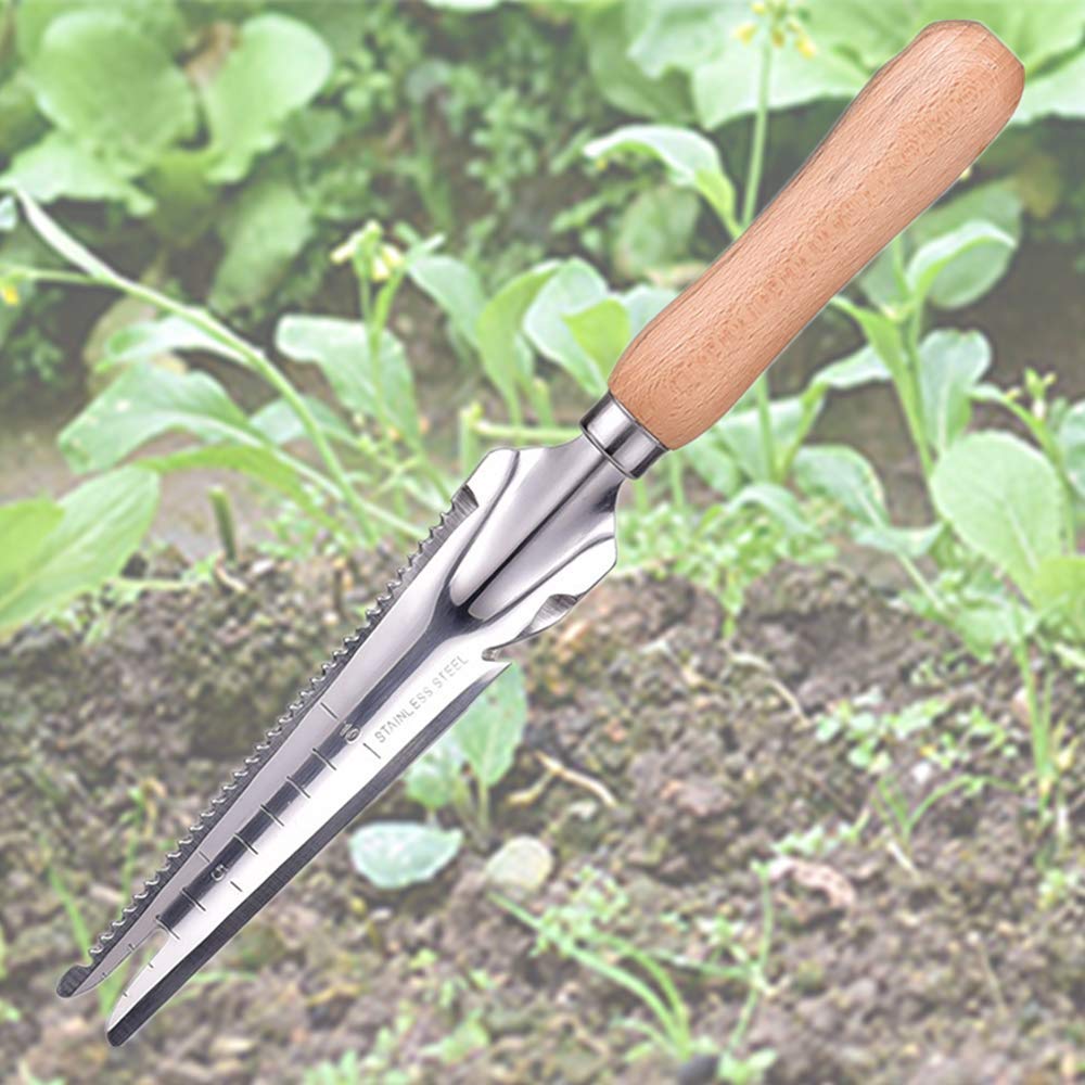 jiaguan Wooden handle Manual Weeder Tool Weed Puller Garden Weeder Shovel for Garden Digging Transplanting Weeding Grass, Stainless Steel Weeder with Measure weeding tools for garden