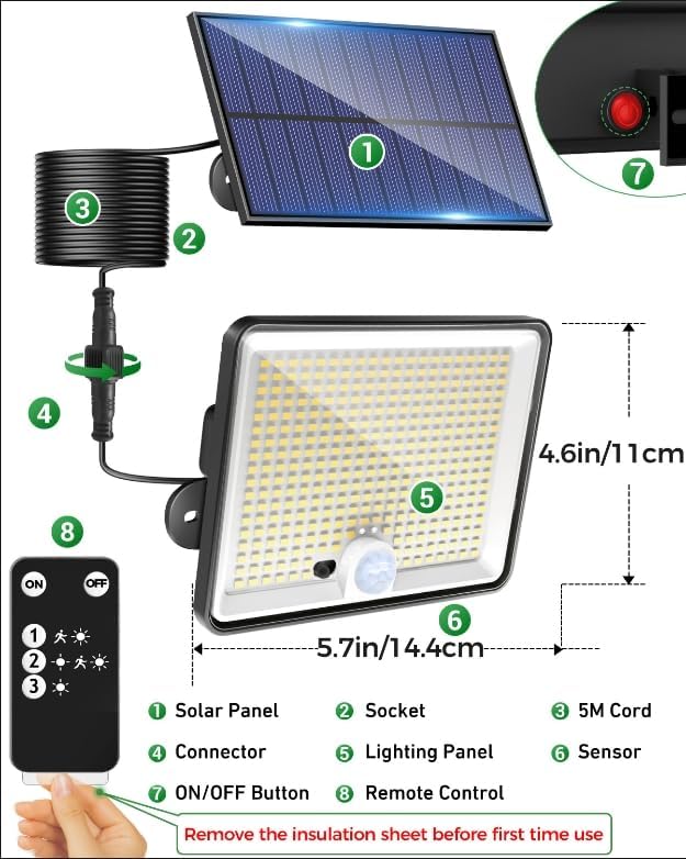 LOTMOS Solar Lights Outdoor, 342LED Remote Solar Security Lights Outdoor Motion Sensor, 3 Modes Garden Lights Solar Powered Waterproof Pir Flood Lighting for Yard Shed Garage Outside,Cool White