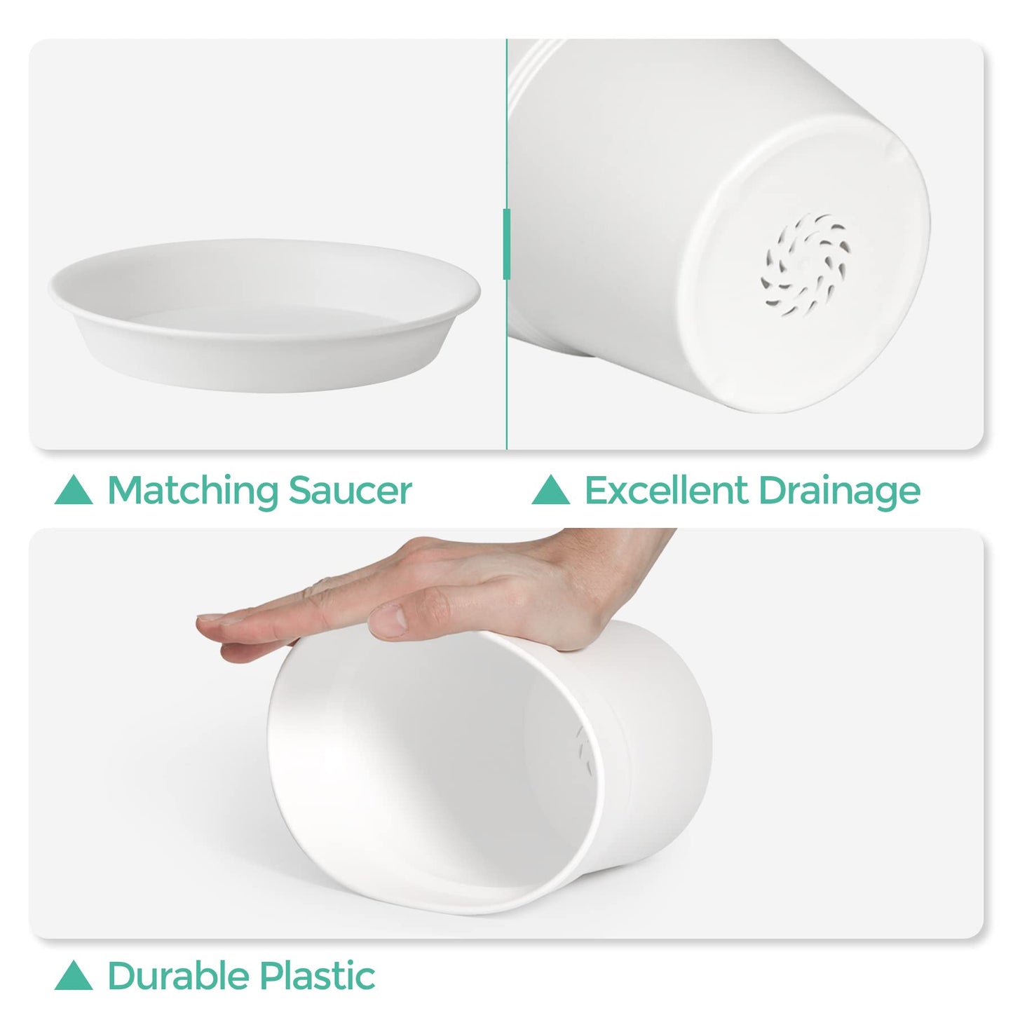 T4U 17.5CM Plastic Plant Pots 6-Pack, Large Flower Planter with Drainage Hole and Saucer, Classic Indoor Outdoor White Plant Pots for Orchid, Penoy, Rose, Snake Plant, Aloe, Tulips, Peace Lily