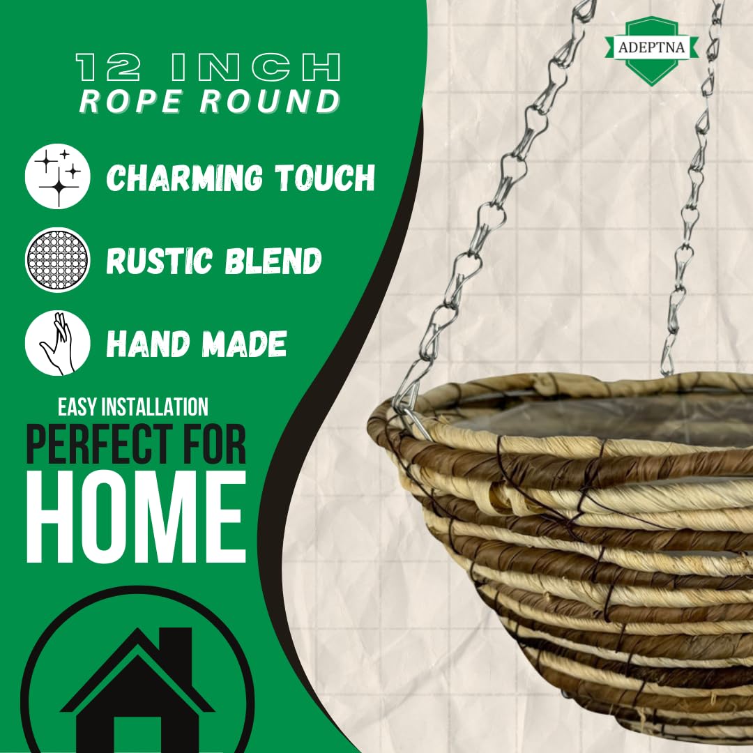 ADEPTNA Set of 2 Round Garden Hanging Baskets with Lined and Detachable Hanging Chain - Natural Basket Hanging Plants Flower Planter Pot (12’’ WICKER ROPE BASKETS)