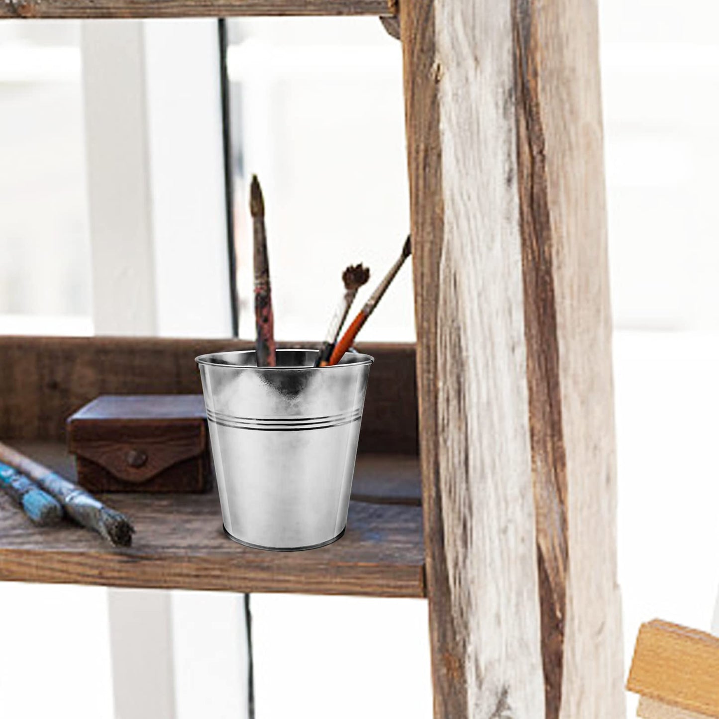 WAIZHIUA 12Pack Metal Plant Pots with Mini Tools, 12cm Depth Herb Pots, Galvanised Iron Garden Planters for Plants Herb Flowers Shrubs Indoor Outdoor DIY Use