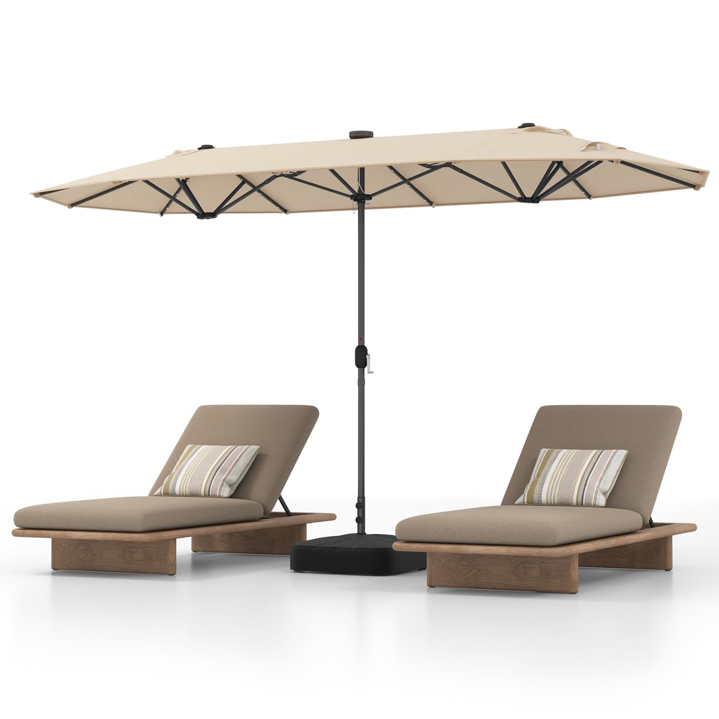 COSTWAY 4M Double-Sided Parasol, Outdoor Extra Large Sun Umbrella with Base, Solar LED Lights and Crank Handle, Market Sunshade Shelter Canopy for Garden Patio Beach Yard (Beige)