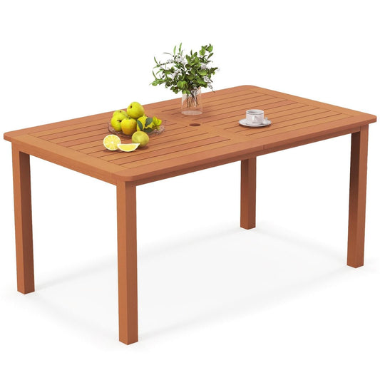 TANGZON Large Garden Table for 6, 150 x 90cm Rectangular Outdoor Dining Table with 5cm Parasol Hole & Slatted Top, Hardwood Patio Bistro Tables Furniture for Balcony Backyard Lawn