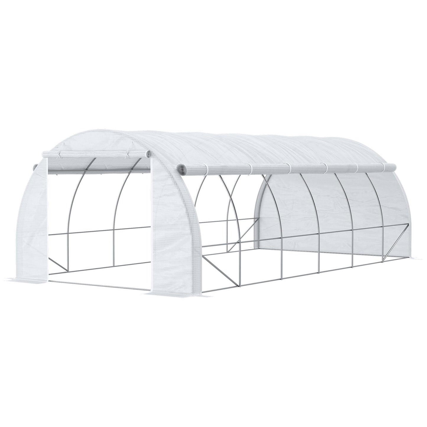 Outsunny 6 x 3 x 2 m Polytunnel Greenhouse with Roll-up Side Walls, Walk-in Grow House Tent with Steel Frame, Reinforced Cover, Zipped Door and 12 Mesh Windows for Garden, White