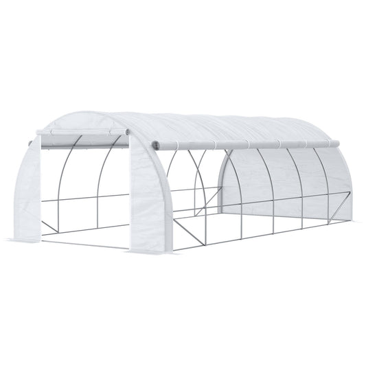 Outsunny 6 x 3 x 2 m Polytunnel Greenhouse with Roll-up Side Walls, Walk-in Grow House Tent with Steel Frame, Reinforced Cover, Zipped Door and 12 Mesh Windows for Garden, White