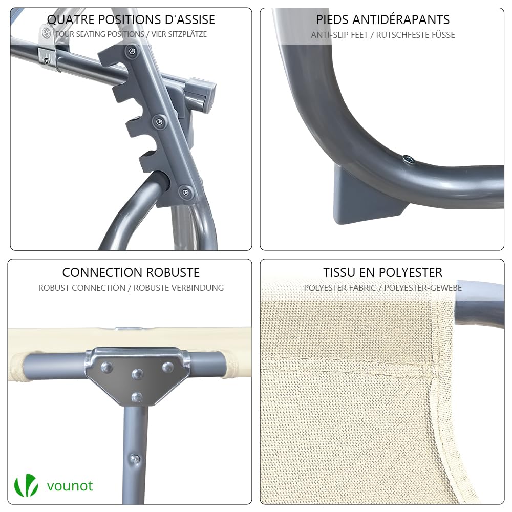 VOUNOT® Folding Sun Loungers Set of 2, Sunbed with Adjustable Backrest & Sunshade for Garden, Beach, Patio, Pool, Camp, Load 110 kg, Beige