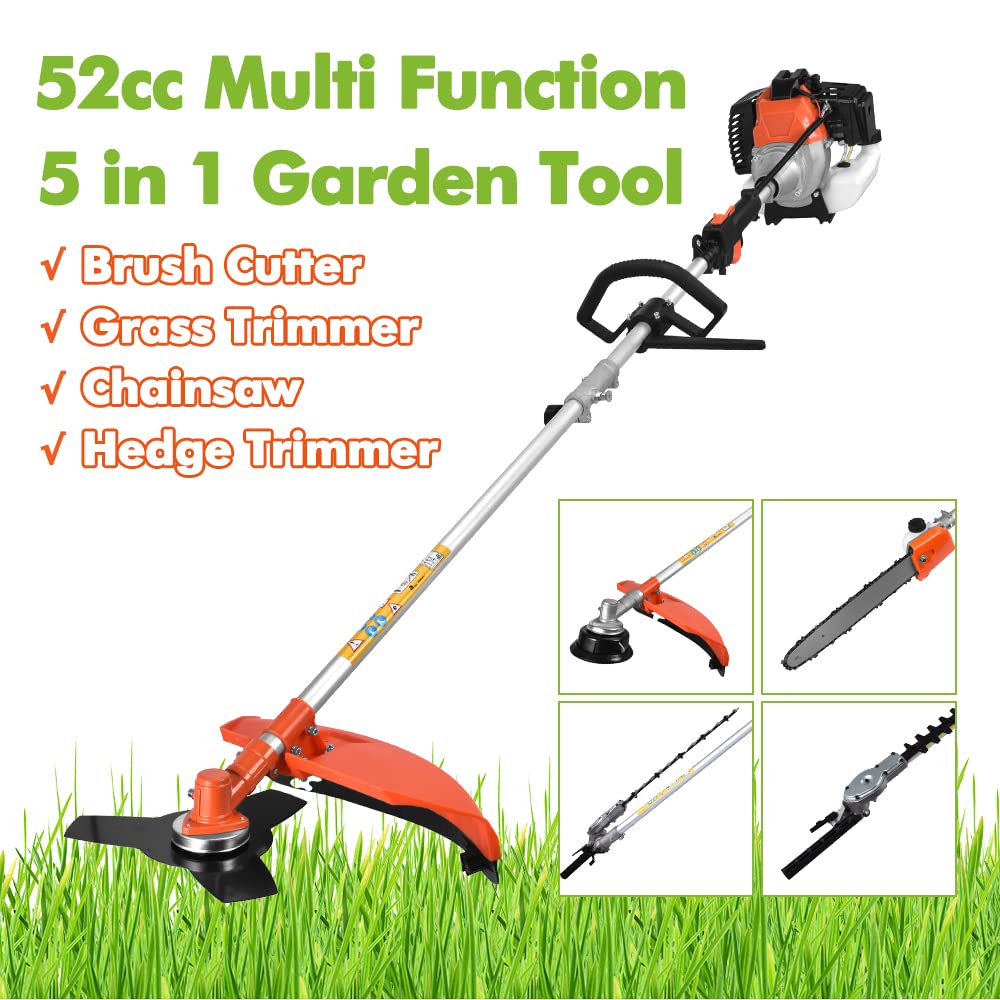 52cc 5 in 1 Petrol Multi Garden Tool 2 Stroke Long Reach Hedge Grass Trimmer with Strimmer, Pruner Chainsaw, Brush Cutter & Extension Pole