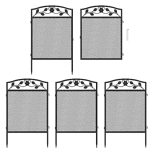 UNHO Decorative Garden Fence Panels: 5pcs Wrought Iron Lawn Edging Border Outdoor Metal Trellis Animal Barrier for Patio Backyard 43in X 9.8ft