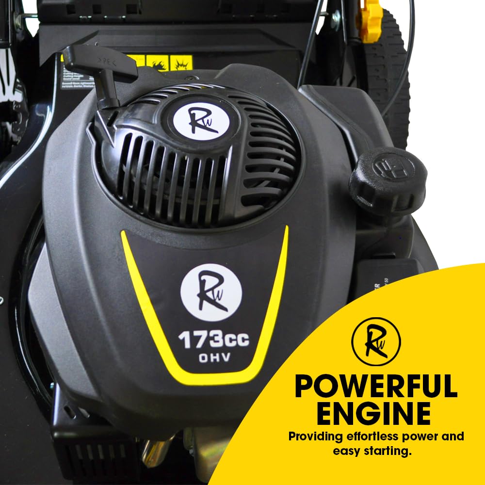 21″ Self Propelled RocwooD Petrol Mulching Lawnmower Folding Handle Side Chute 51CM Cut Width Rotary Blade 65 Litre Capacity 7 Cut Positions 173CC Engine