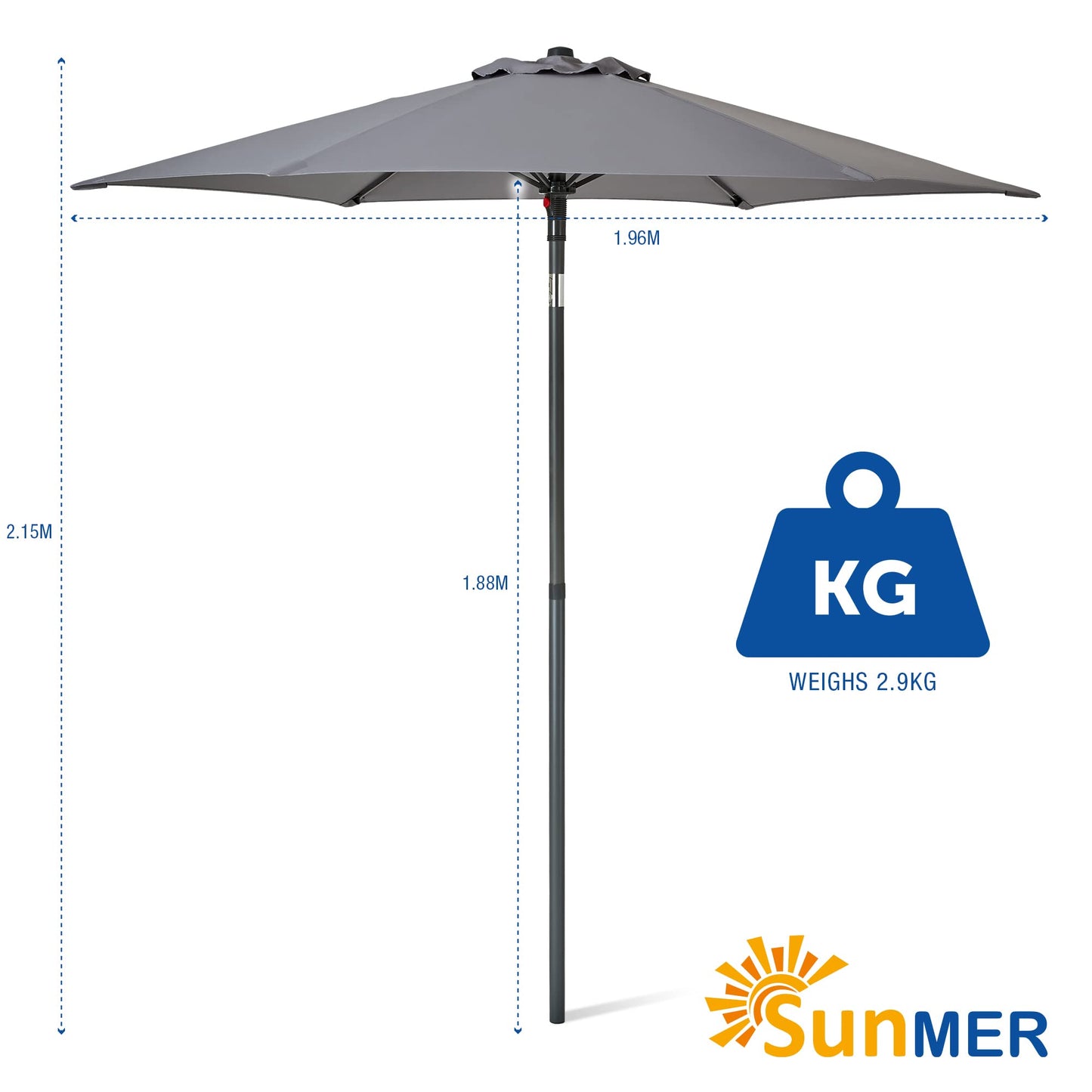 SUNMER 2M Garden Parasol, Sun Shading Umbrella, Easy Open/Close Push Up with Tilt, Water Repellent Polyester, Powder-Coated Steel Frame, UV 30-, Pole Width 32mm - Grey