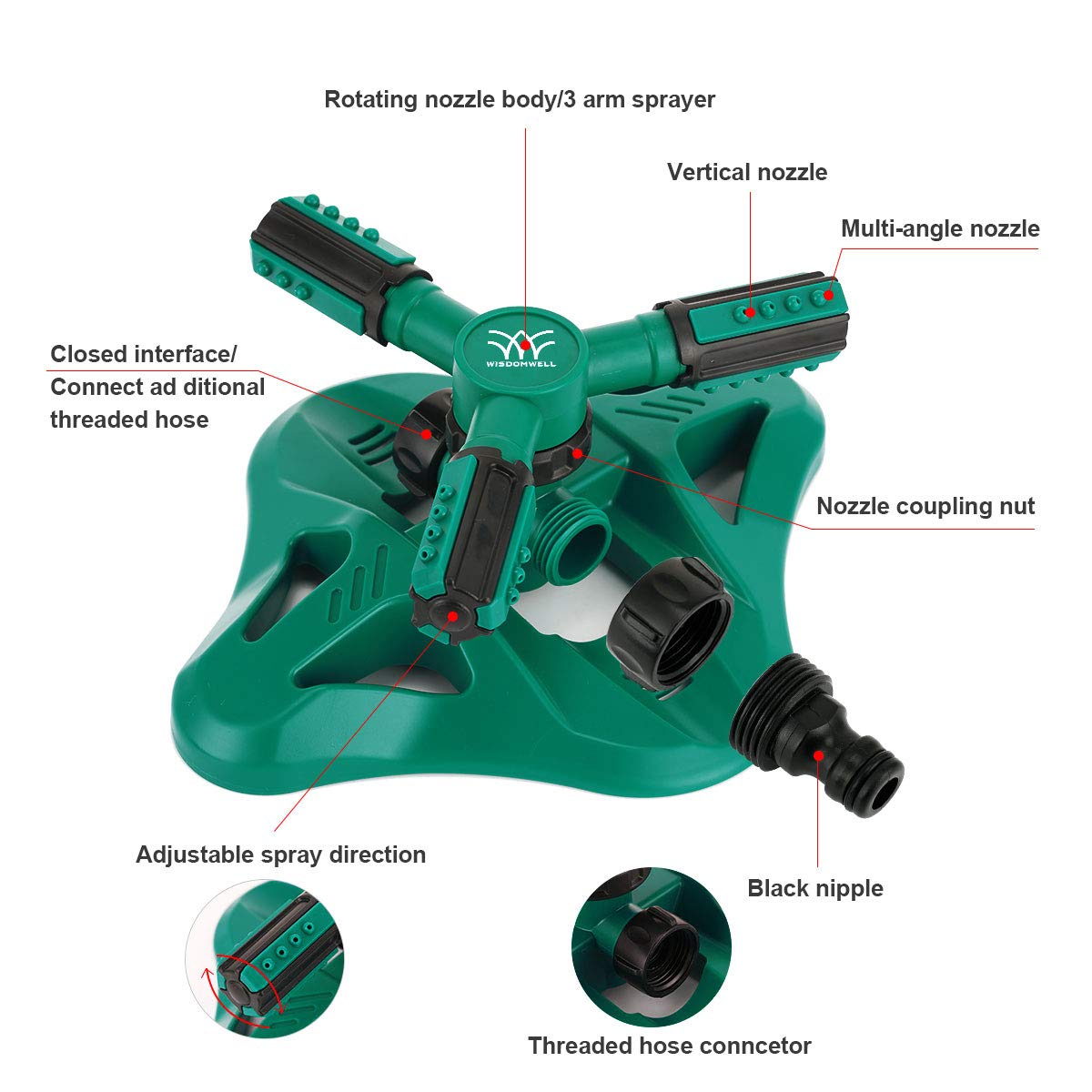 WISDOMWELL Garden Sprinkler Adjustable water spray range Suitable for large areas of lawn Automatic 360 Degree 3 Arm Rotating Sprinkler System Sprinklers (1Sprinkler-4Connectors-2 Sprinkler Head)