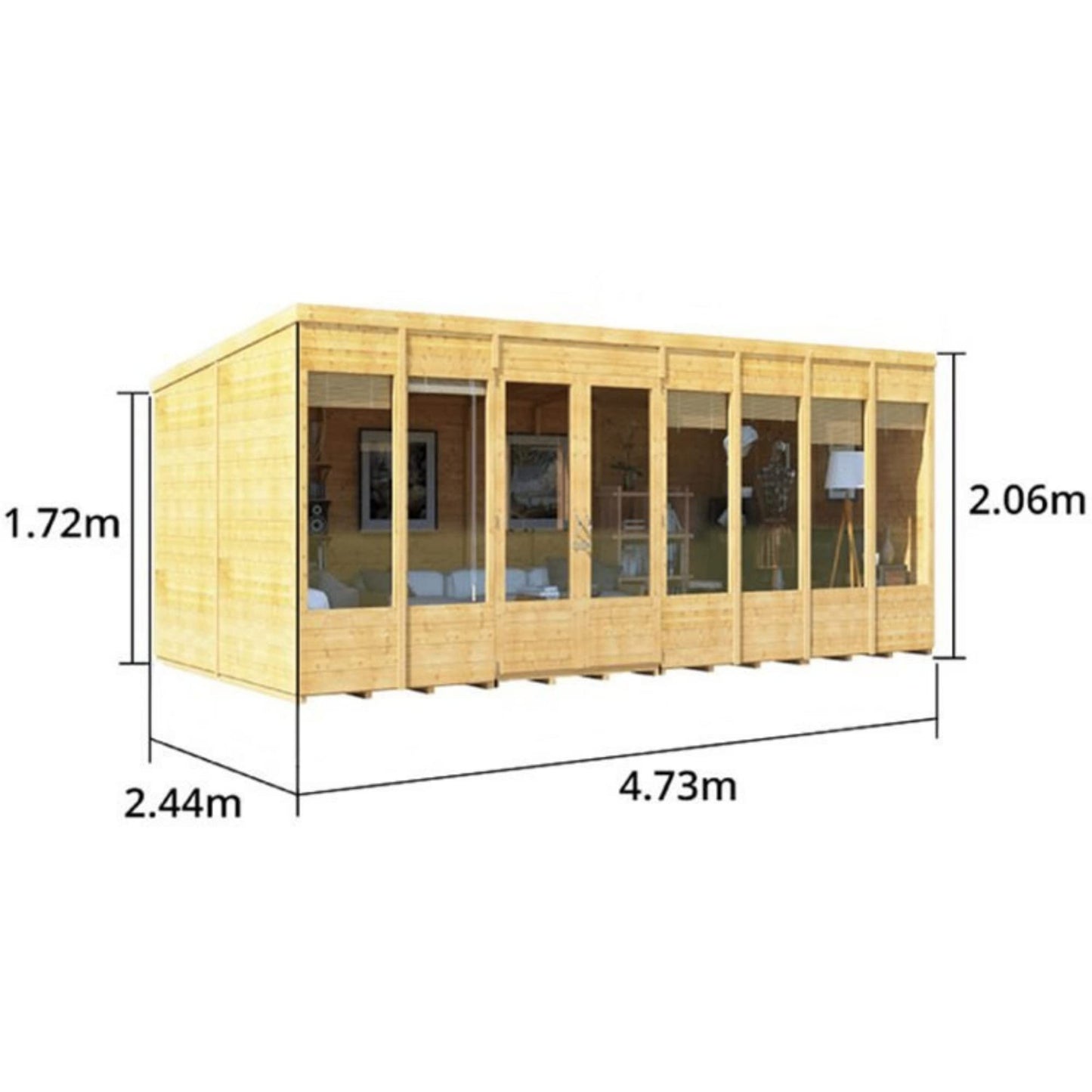 BillyOh Bella 16 x 8 Summer House Shed, Modern Pent Roof Log Cabin | Spray Treated - Garden Room with Wide Double Doors, Tongue and Groove Construction | Versatile Tiny Home or Garden Office