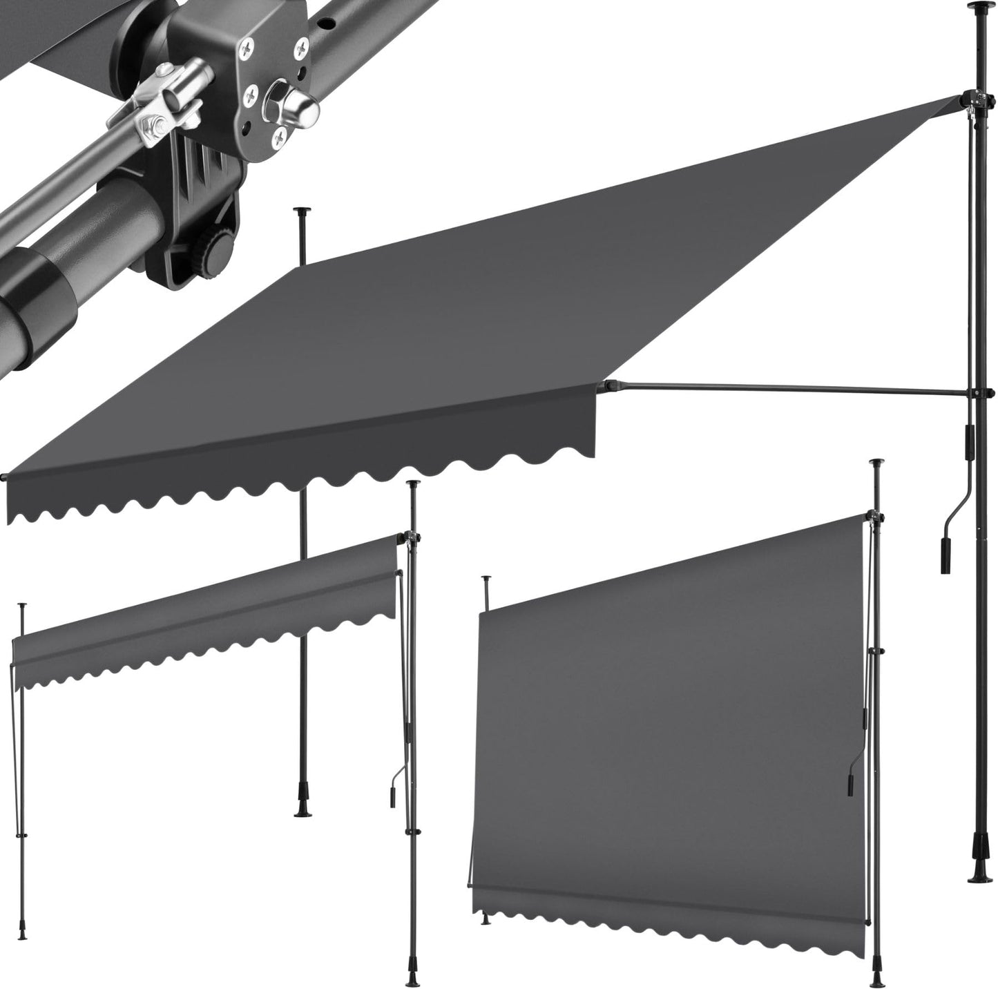 tectake Garden Patio Retractable Awning, Manual with Hand crank, Sun shade Canopy with UV and Rain Resistance, Clamp System with No Drilling Required - black/grey
