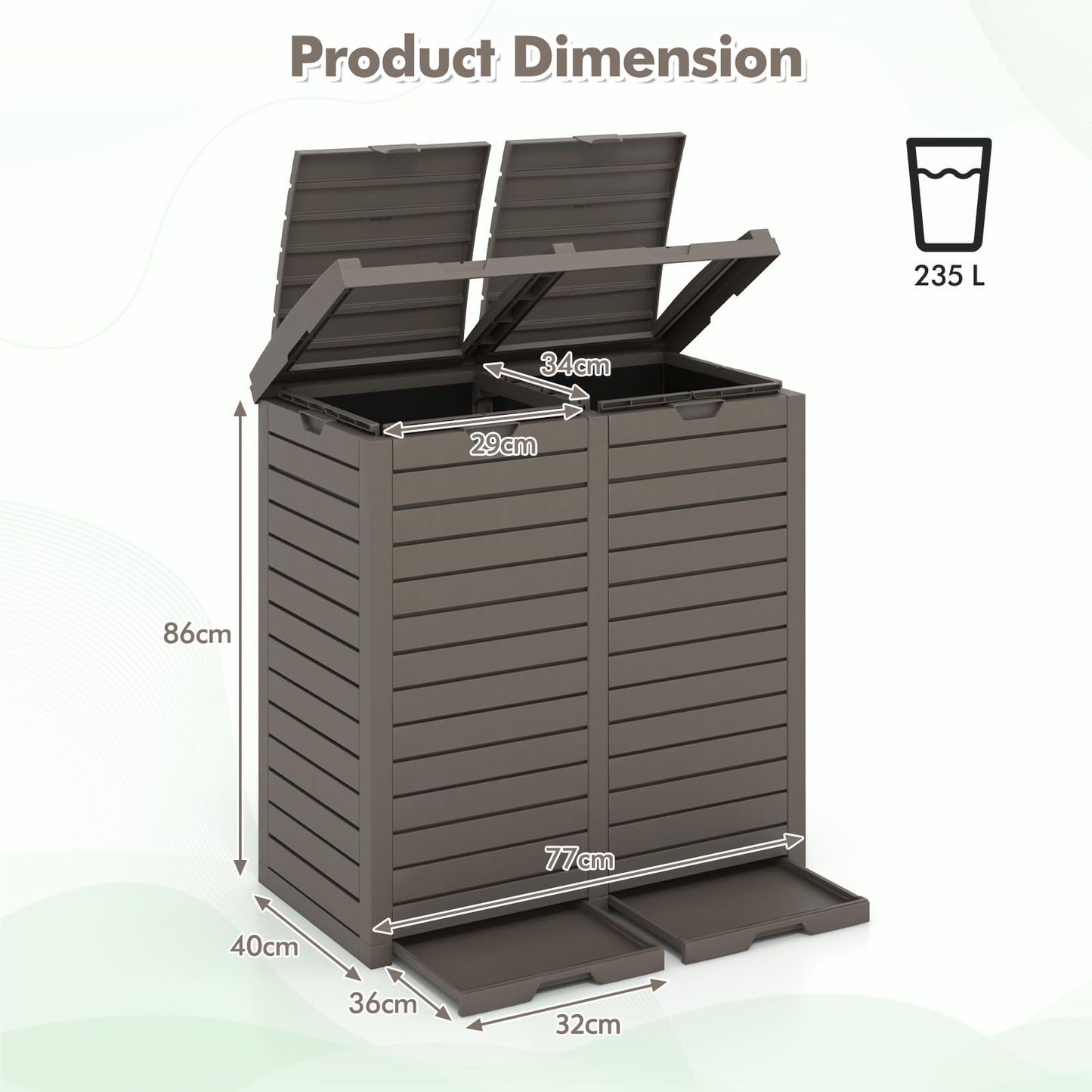 COSTWAY Outdoor Double Bin Trash Can, 235L Waterproof Resin Garbage Can Container with Drip Tray, Dual Lid Closure Design and Handles, Outside Waste Trash Bin for Garden Patio Backyard