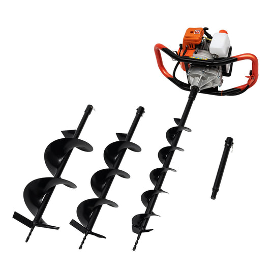 Donened - Earth Auger, 52cc 2 Stroke Petrol Spiral Digger with 3 Drill Bits (100mm, 150mm, 200mm), Extension & Tool Kit, Fence Post Hole Borer Ground