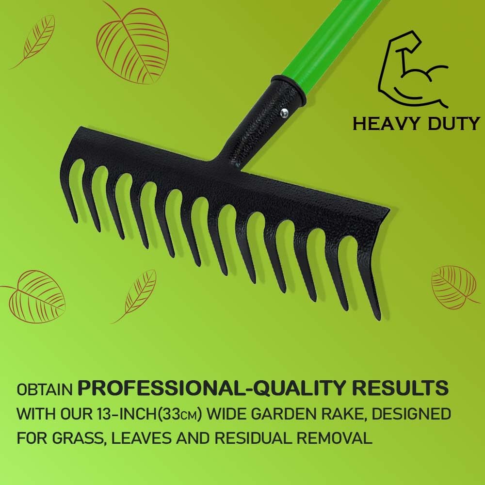 KKTECH Carbon Fibre Garden Rake for Soil - Long Lasting, Durable, Lightweight, 12-Tine Metal Rake Head - Heavy Duty Garden Rake for Gardening - Green (120 x 32 x 9 ) cm
