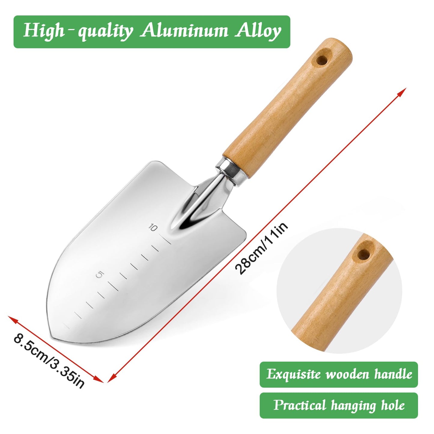 Garden Trowel with Wood Handle, Aluminum Alloy Garden Shovel with Scale, Multifunctional Wide Shovel for Planting Transplanting Weeding Digging