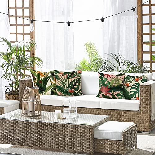 Bonhause Tropical Leaves Cushion Covers 45 x 45 cm Green Leaf Plant Decorative Throw Pillow Covers Polyester Linen Pillowcases for Sofa Patio Garden Outdoor Decor Set of 4