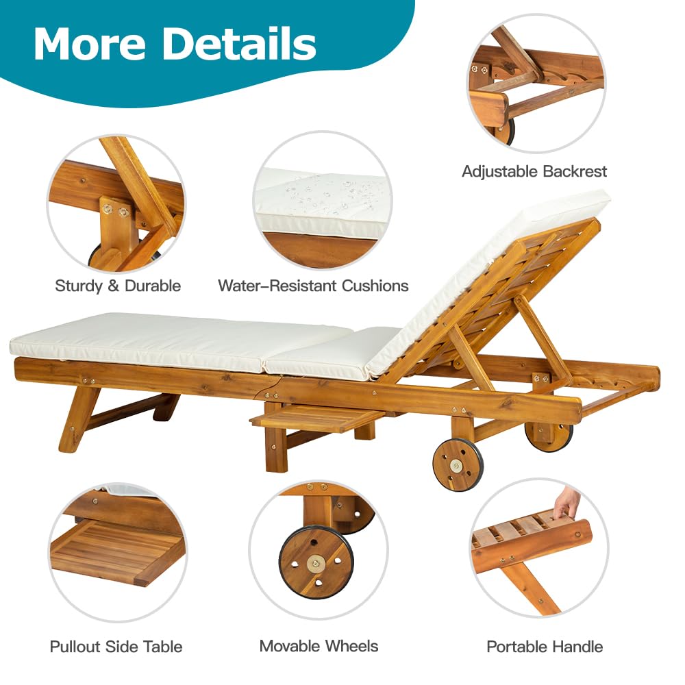 Panana Solid Acacia Wood Sun Lounger Outdoor Seating Folding Recliner Chair Portable Chaise Lounge with adjustable Backrest, Wheels, Cushion for Garden Poolside Patio