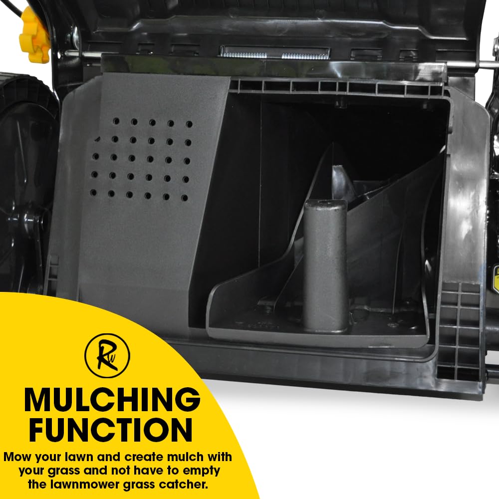 21″ Self Propelled RocwooD Petrol Mulching Lawnmower Folding Handle Side Chute 51CM Cut Width Rotary Blade 65 Litre Capacity 7 Cut Positions 173CC Engine