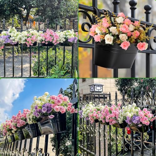LATERN 4Pcs Metal Hanging Flower Pots, 27.5cm Large Plant Pots Hanging Flower Bucket with Detachable Hook for Balcony Fence Garden Home Decor (Black)