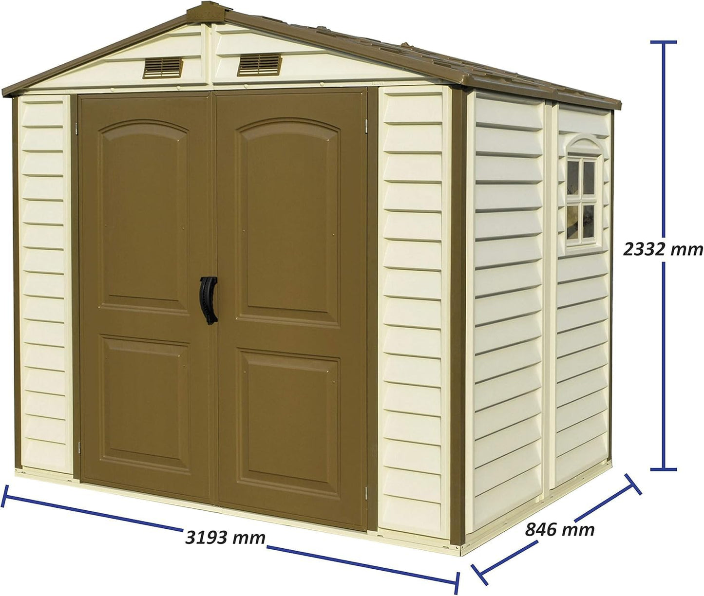 Duramax StoreAll 8 x 6 (4.12 m2) Plastic Garden Storage Shed with 1 Fixed Window & Metal Foundation Kit, Strong Metal Roof Structure Fire Retardant and Maintenance-Free Storage Shed - Ivory/Brown