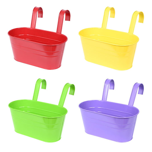 Atoke 4 Pack Metal Hanging Flower Pots for Railing Fence,27.5cm Large Plant Pot Hanging Bucket Pots flower Plant Holder with Detachable Hooks for Balcony Porch Garden Home Decors