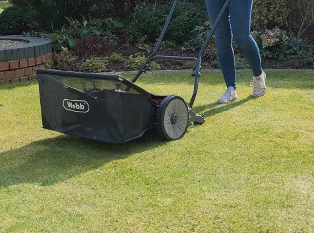 Webb WEH18 Contact Free Manual Cylinder Lawnmower with Rear Roller, 9 Cutting Heights, 46cm Cutting Width and 22L Collection Bag - 3 Year Guarantee