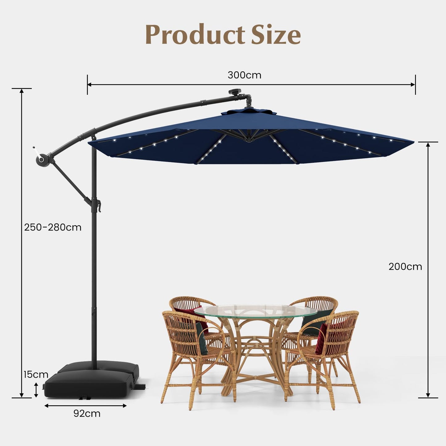 COSTWAY 3M Cantilever Garden Parasol, Hanging Offset Umbrella with 40 LED Lights, Solar Panel Batteries & Sand Bag, Outdoor Water-proof Canopy Sunshade Shelter for Patio Balcony (Navy)