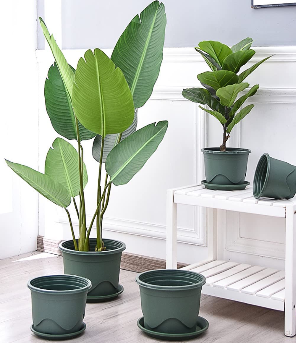 KAHEIGN 6Pcs Plastic Plant Pots, 16CM Thicken Flower Pot Root-Control Nursery Seedling Planter Decorative Garden Plant Container with Saucer for Indoor Outdoor Bonsai Plants (Green)