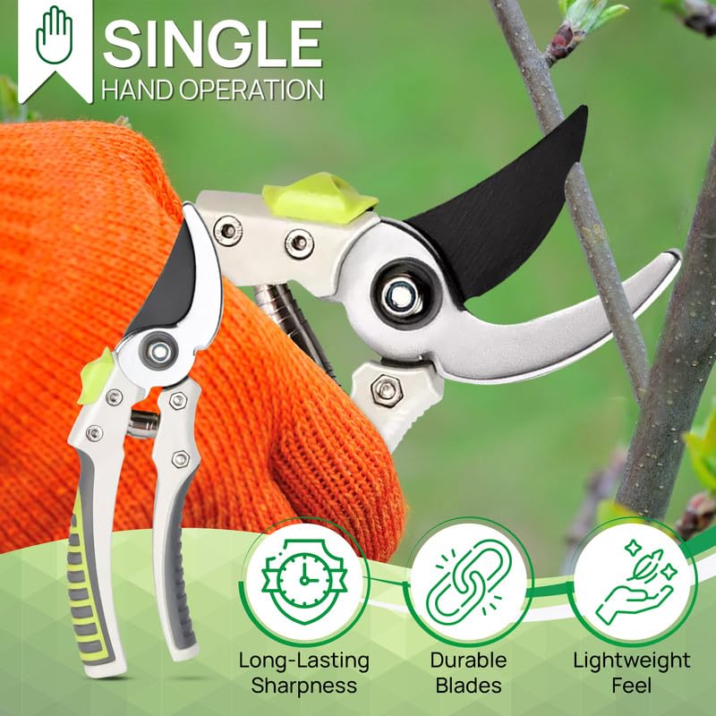 Shark-Tuff® Heavy Duty Secateurs & Pruning Scissors Pruning Shears for Gardening | High Carbon Steel SK5 Blade Garden Scissors | Bypass Hand Pruners with Long Handles